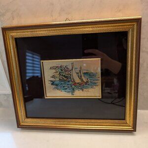 Vintage Italian Picture of sail boats along the coast on gold leaf and hand pain